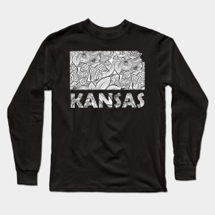 Mandala art map of Kansas with text in white Long Sleeve T-Shirt